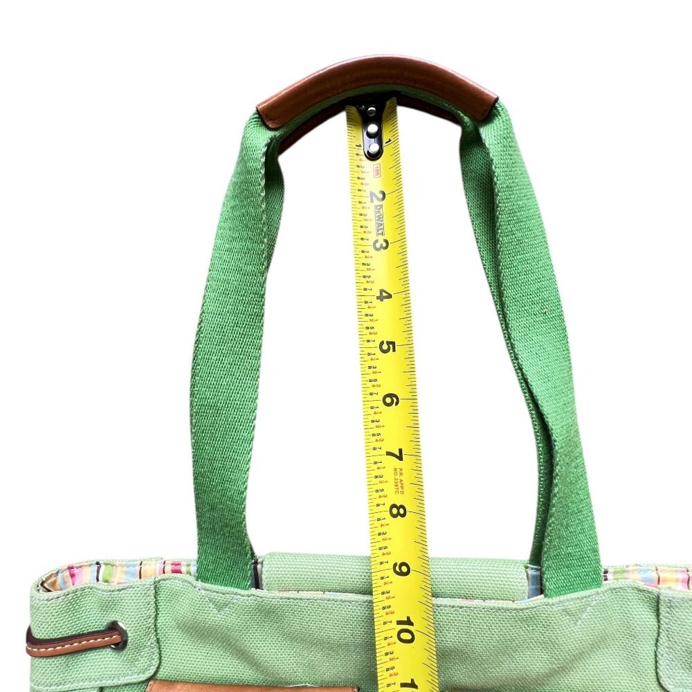 Fossil Mint Green Canvas Tote Bag Brown Leather Accents Key Striped Lining 75082 - Picture 14 of 15